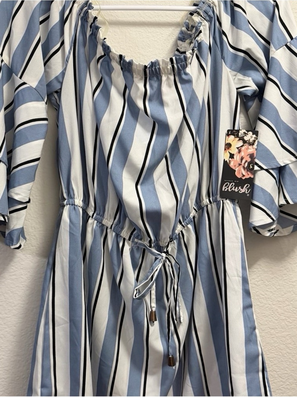 Blush Blue, White & Black Striped Off-Shoulder Dress for Girls